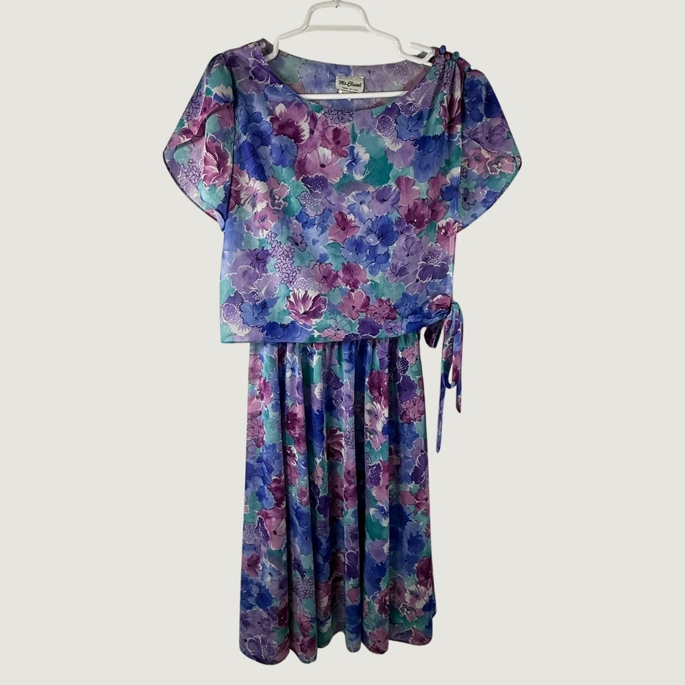 Ms Classic Vintage Floral Midi Dress Purple Blue Popover Side Tie Womens 16